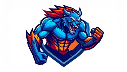 Fototapeta premium Mascot Logo of a Fierce Blue Werewolf with Fiery Mane and Muscular Build, Featuring Sharp Geometric Shapes and Bold Outlines