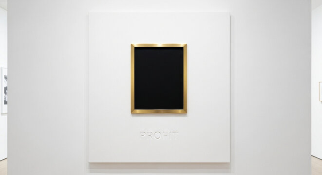 Minimalist conceptual artwork, a golden framed black void displayed in a white gallery, evoking abstract contemplation, featuring raised text, modern art.