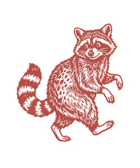 Vintage raccoon illustration in red linocut style, hand drawn forest animal woodcut, retro wildlife character for rustic branding and outdoors design © Dreamy Art