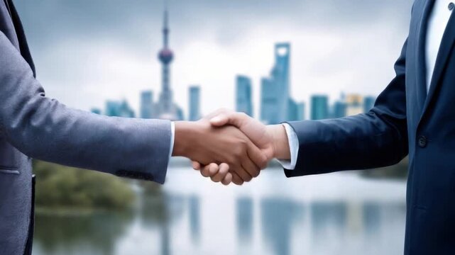 Handshake Deal with City Skyline: Two business individuals seal a deal with a firm handshake, with a modern city skyline backdrop, representing collaboration, agreement, and partnership.