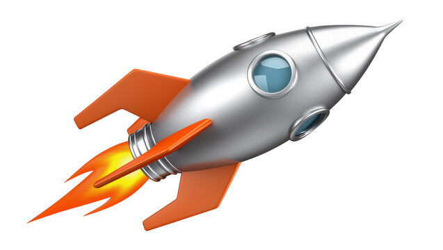 Metallic silver rocketship with orange fins, displaying blue window detail