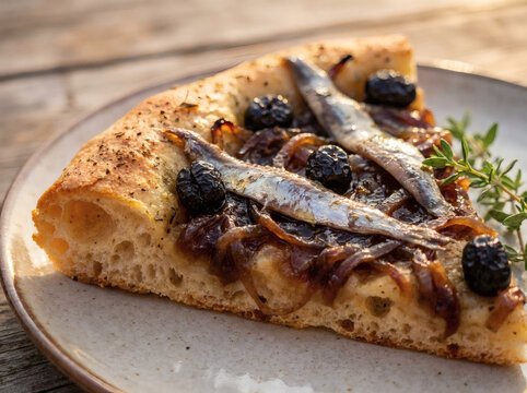 Pissaladiere Tart with Caramelized Onions and Anchovies on Rustic Plate