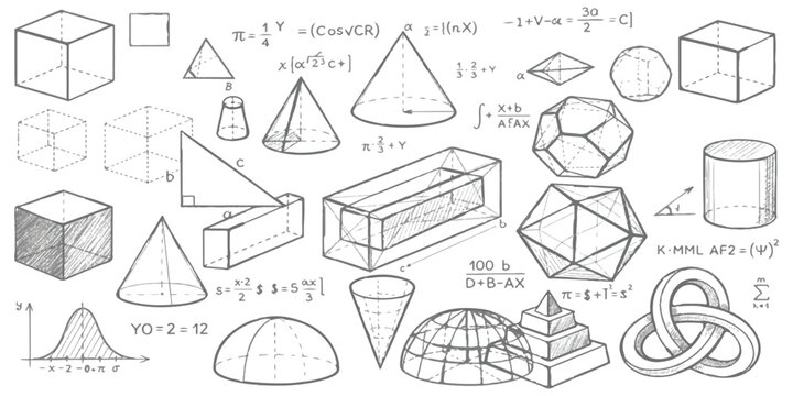 A detailed educational illustration showing various geometric shapes and mathematical formulas isolated on white background, Vector, illustration