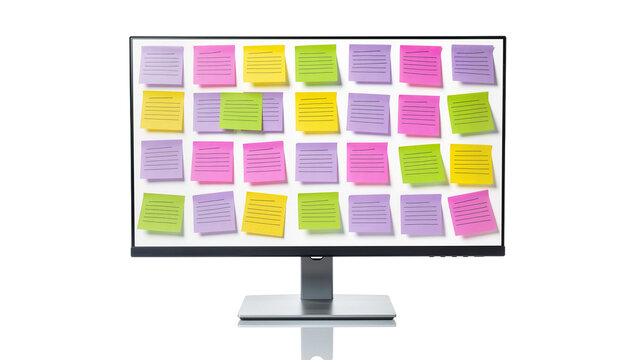 Modern computer monitor displaying numerous colorful sticky notes, arranged neatly