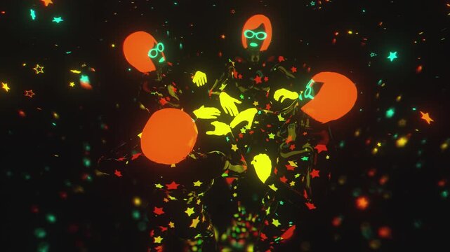 4K seamless yellow-orange VJ loop with four dancing figures in star-patterned bodysuits and glowing helmets for VJ sets, high-tech club visuals, music festivals, stage screens, LED video walls