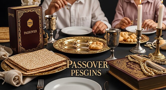 Family Gathered Around Passover Seder Table with Traditional Jewish Food and Customs