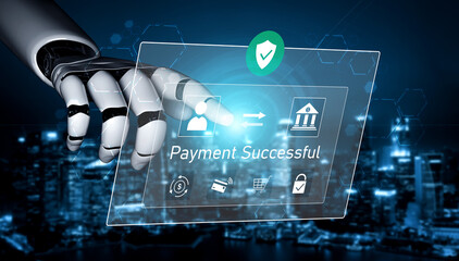 Obraz premium AI confirms secure payment transaction, verifying user identity, processing order, and authorizing completed digital payment within trusted financial systems. Vouch