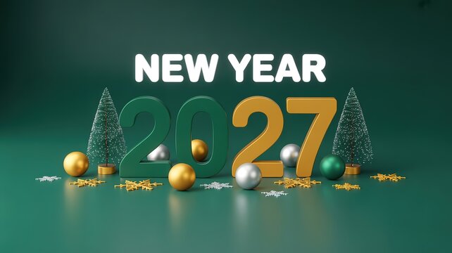 2027 New Year Luxe Festive Scene with Glossy Dark Green Gold and Silver Ornaments Mini Snow Dust Trees and Metallic Snowflakes for Greeting Cards Banners and Holiday Promotions