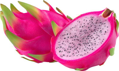 Fresh dragon fruit whole and sliced for exotic tropical nutrition, isolated cutout