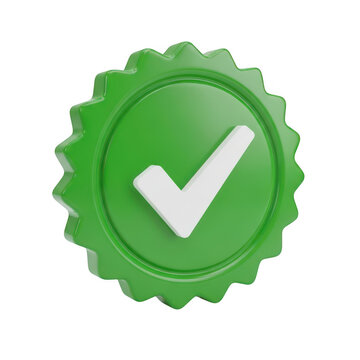 A high quality three dimensional green circular badge featuring a prominent white check mark icon