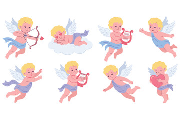 Naklejka premium Set of cute cupid characters with wings, bows, harps, and hearts for valentine design.