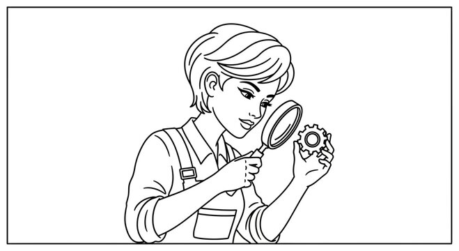 Woman inspecting gear with magnifying glass, illustration, engineering concept
