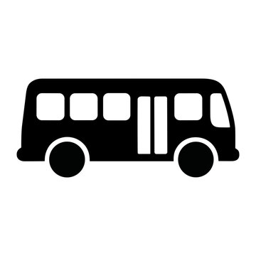 Black silhouette of a city bus icon isolated on a white background for public transportation design.