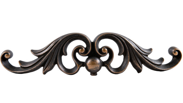 Antique bronze ornate furniture pull, featuring swirling floral details and central knob