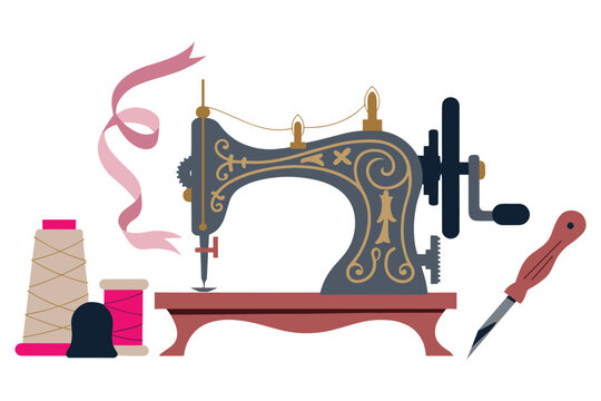 Vintage sewing machine with tools and thread spools for crafts and tailoring hobby.