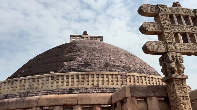 Close up handheld shot of dome of The Great Stupa, Sanchi, India