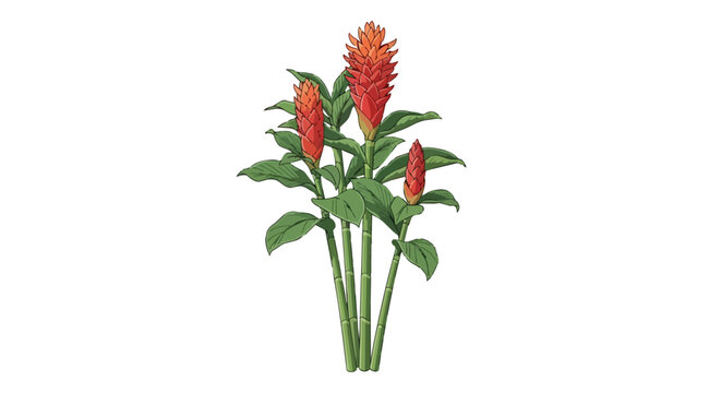 Tropical Costus Barbatus Red Ginger Flower Plant Isolated on White