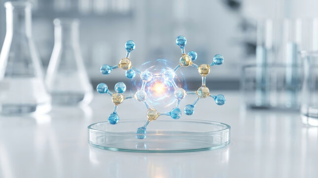 Molecule laboratory research chemistry science supplement antiaging longevity health molecule model petri dish laboratory research concept for nad nmn resveratrol combo supplement development with