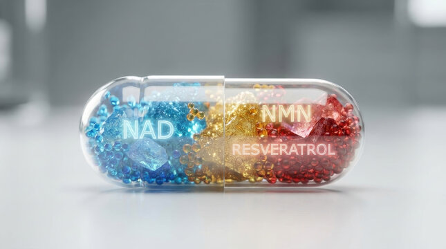 Nad nmn resveratrol combo capsule supplement vitamin antioxidant pill medicine colorful transparent capsule table with granule inside nad nmn resveratrol combo concept for wellness and longevity