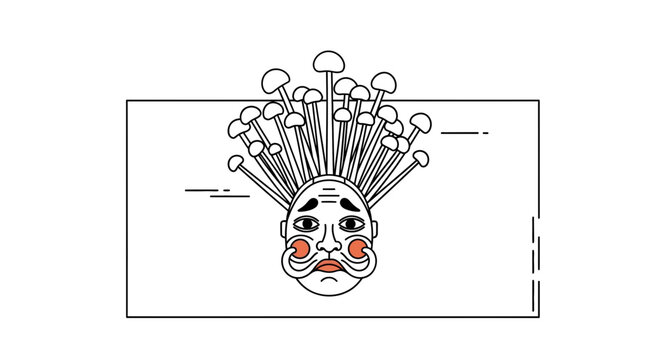 Surreal upside down face with mushrooms growing from head, abstract art, bizarre concept