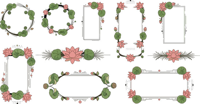 Floral decorative frames set with lotus flowers leaves and elegant borders for invitations greeting cards vector illustration collection