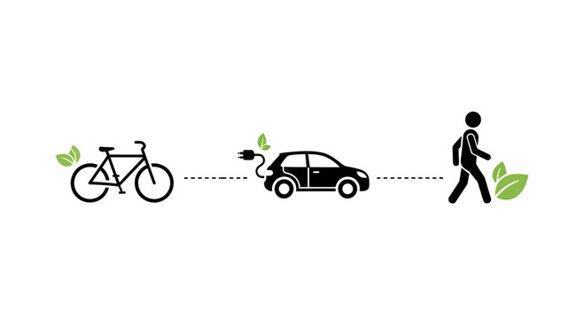 Eco friendly transportation options icon set.