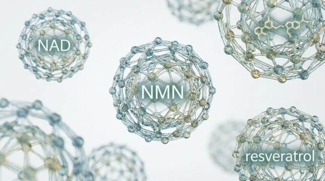 Nad nmn resveratrol combo molecule structure supplement concept abstract science background with transparent sphere and network lattice floating soft light for health research and longevity theme