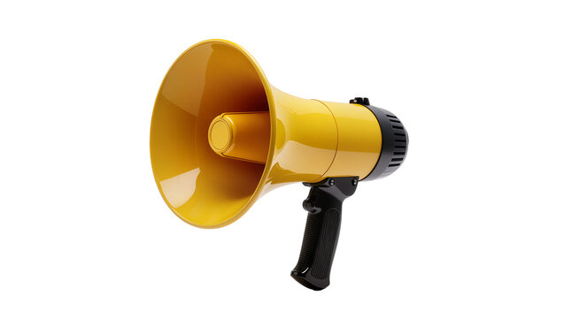 Bright yellow megaphone with black handle, amplifying sound for announcements