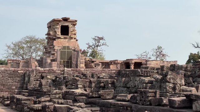 Zoom in shot of Ruins of Sanchi Stupa Buddhist complex, Raisen district, India