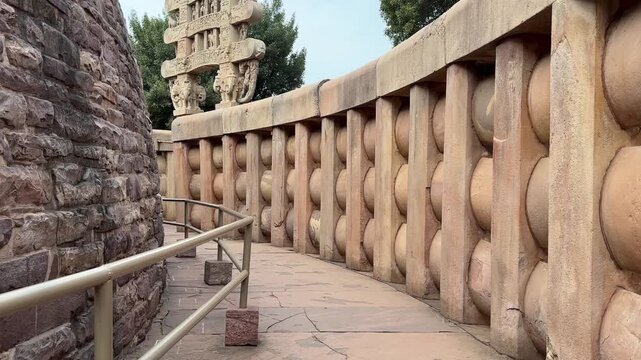 Zoom in shot of Deambulatory pathway of Great Stupa, Sanchi, India