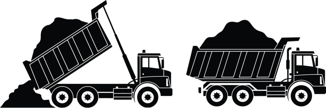 dump truck silhouettes set, construction tipper truck unloading soil and gravel, heavy equipment vehicle vector illustration isolated on white background, industrial transport and building machinery