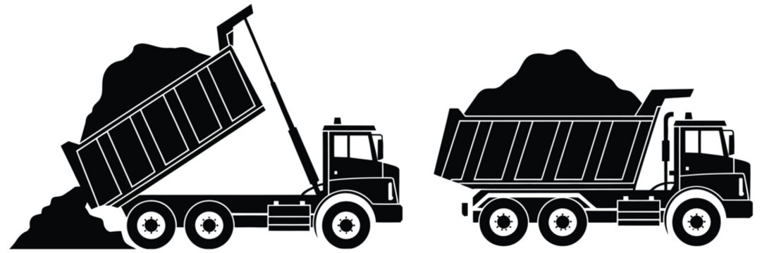 dump truck silhouettes set, construction tipper truck unloading soil and gravel, heavy equipment vehicle vector illustration isolated on white background, industrial transport and building machinery