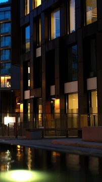 Oslo, Norway. Night View Embankment And Residential Multi-storey Houses In Tjuvholmen District....