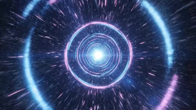 Vibrant neon light circles radiate outward in space with glowing effect