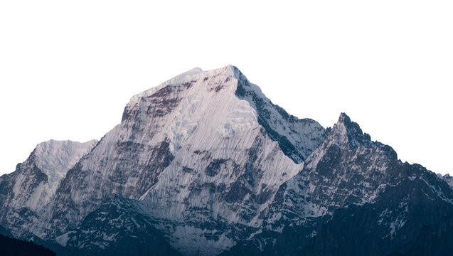Jagged gray mountain peak covered in snow and ice, rising above dark blue foothills