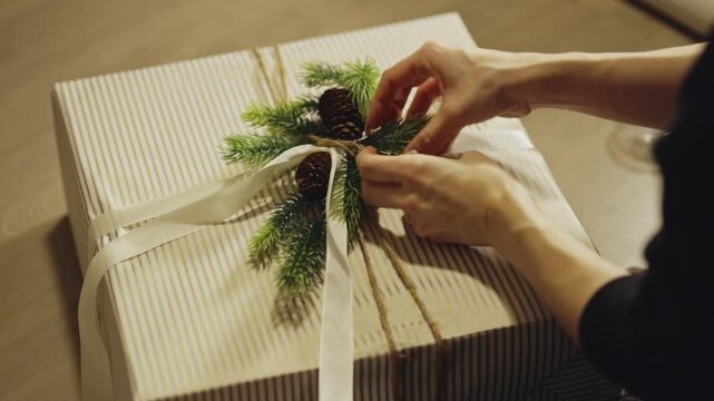 Christmas Present DIY Wrapping With Pine Cones And Sprigs. - closeup shott