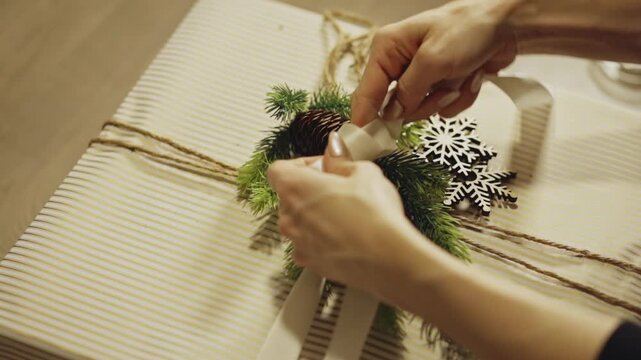 Girl Tying Ribbon On The Christmas Gift With Rustic Design. - closeup shot