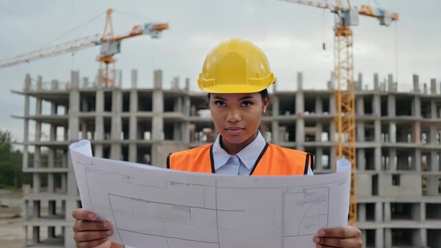 Female construction engineer reviewing architectural drawings on active building site, cranes and concrete structures behind her emphasizing leadership in technical profession. Women in engineering