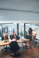 Fototapeta premium Business, team and tablet with presentation in office for finance pitch, investment request or above. Investors, people or meeting at whiteboard for funding negotiation, digital valuation or proposal