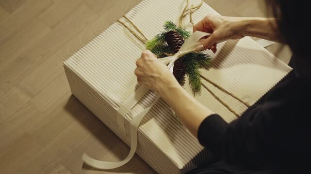 Woman Tying Ribbon On Christmas Present - DIY Gift Wrapping. - closeup shot