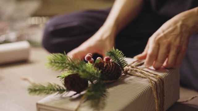 Gift Wrapping - Tying The Gift With Strings And Decorated With Pine Sprigs And Pine Cones. - closeup shot