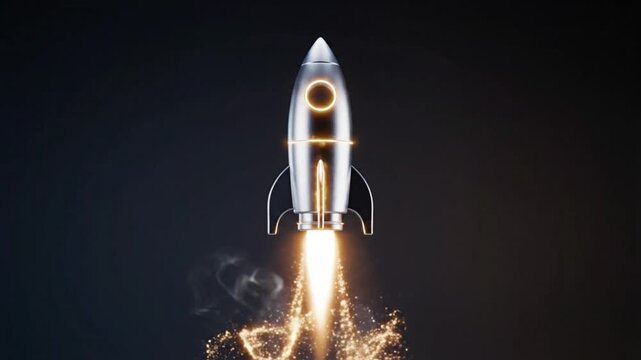 Conceptual animation of a silver chrome rocket launching from inside a glass lightbulb with fire and smoke, symbolizing a startup launch, creative spark, and business innovation.