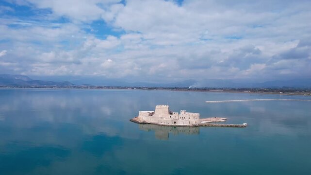 Aerial view of the bourtzi, a venetian water fortress located in the middle of nafplio harbor