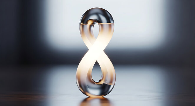 Abstract Glass Sculpture of a Vertical Infinity Symbol on a Minimalist Surface, Modern 3D Render of a Glowing Figure Eight Shape, Concept of Eternity and Continuous Innovation, High-Tech Glass Art wit