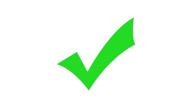 approved and verified green sign icon overlay on white background. simple green check mark icon animated, tick symbol indicating correct answer and success.