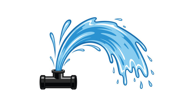 A black T-shaped pipe is depicted with a forceful leak, sending a stream of blue water upwards and arcing to the right, forming droplets.