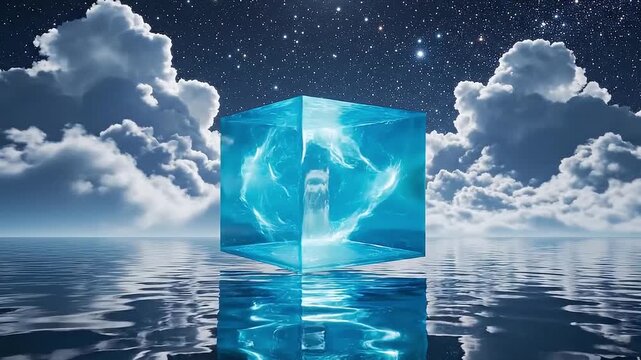 Ethereal Blue Cube Floating on Reflective Water