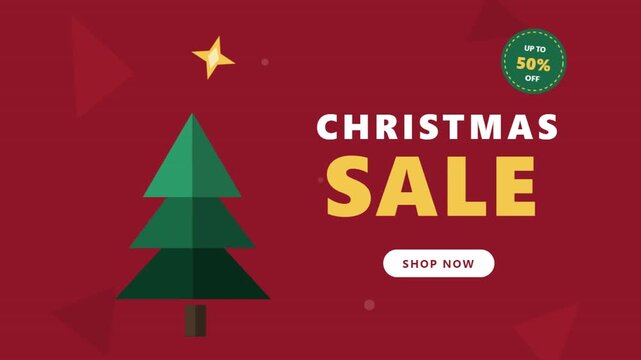 Christmas Sale Banner With Festive Tree On Red Background.
