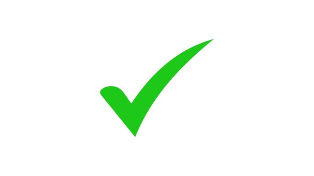 approved and verified green sign icon overlay on white background. simple green check mark icon animated, tick symbol indicating correct answer and success.