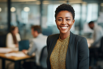 Fototapeta premium Very short afro style hair black African business woman in elegant business dress smiling looking at the camera people working in the background open office workplace 